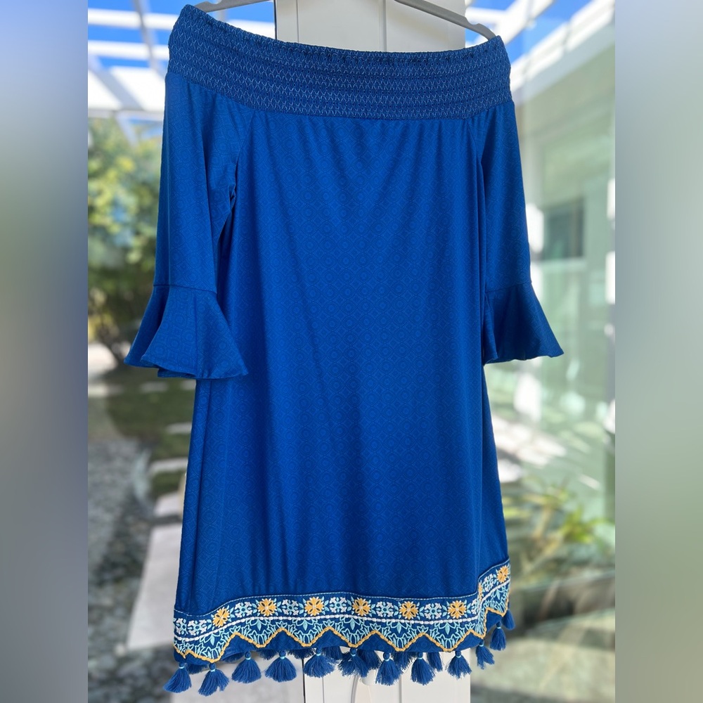 Cabana Life Off the Shoulder Dress, Blue, embroidered/tassel trim, Small